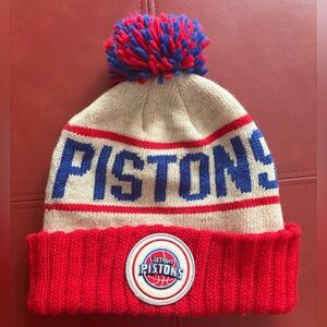 Detroit Pistons Cuffed Winter Hat W/Pom Mitchell & Ness NBA Red Blue Knit Taiwan